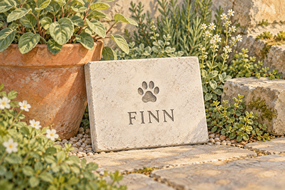 A small memorial plaque with the name Finn beside a terracotta pot in a garden