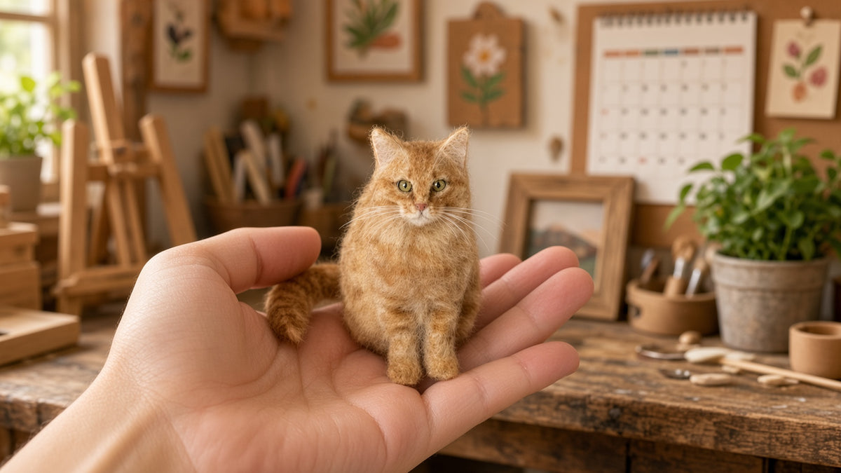 Miniature needle-felted orange cat held in hand in a craft studio