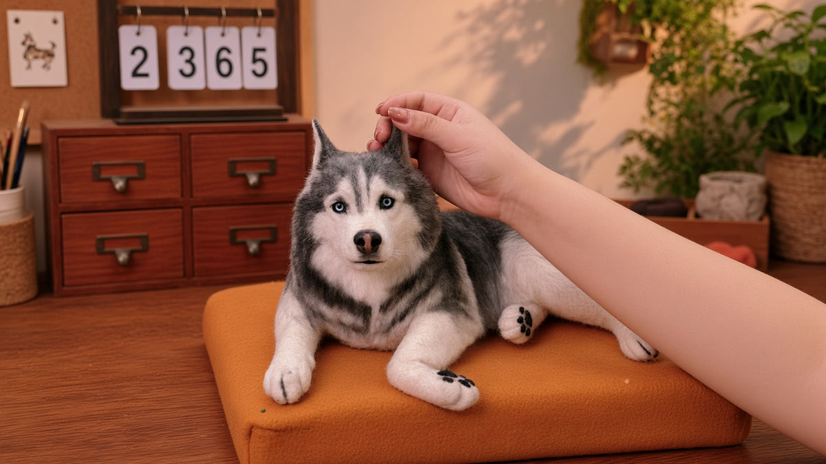 Needle-felted husky on easel in a craft workshop