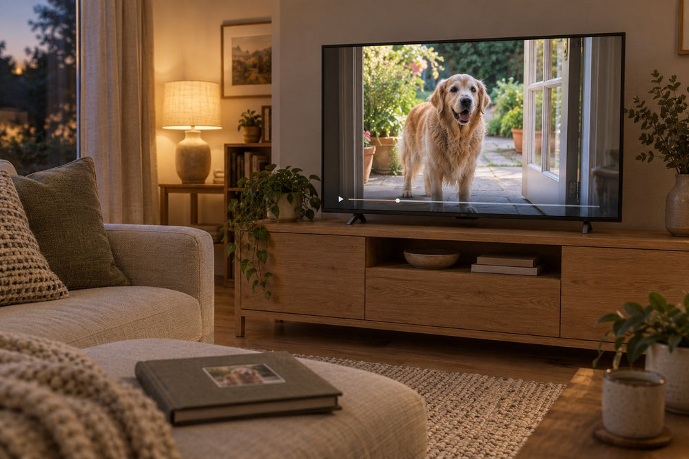 A television showing a golden dog by a garden door in a softly lit living room