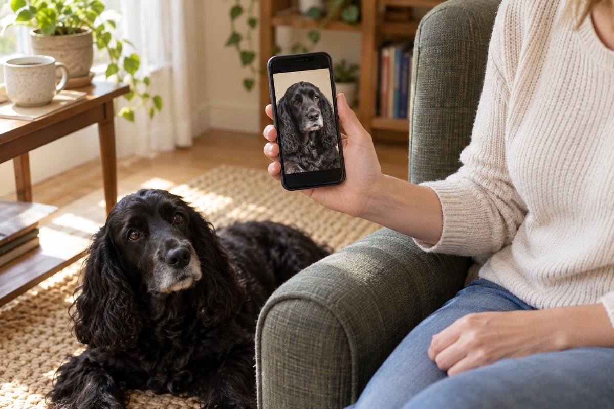 A person holding a phone with a dog's portrait while a black dog rests beside the chair.
