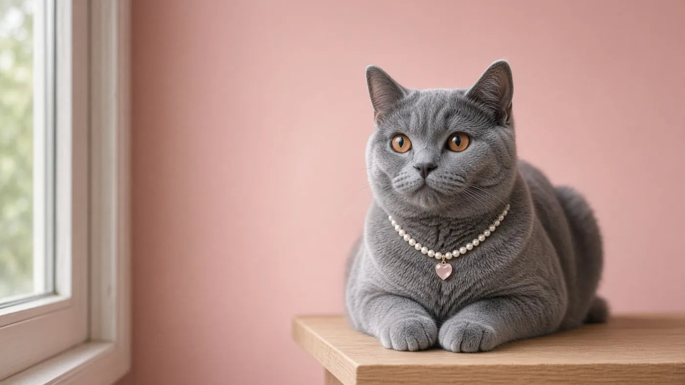 Grey British Shorthair cat wearing a pearl pet necklace with a blush heart charm