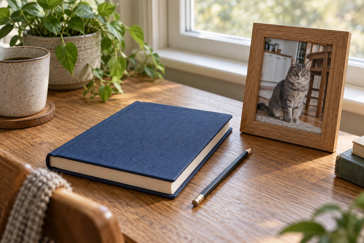 A blue notebook and pencil beside a framed photograph of a grey cat