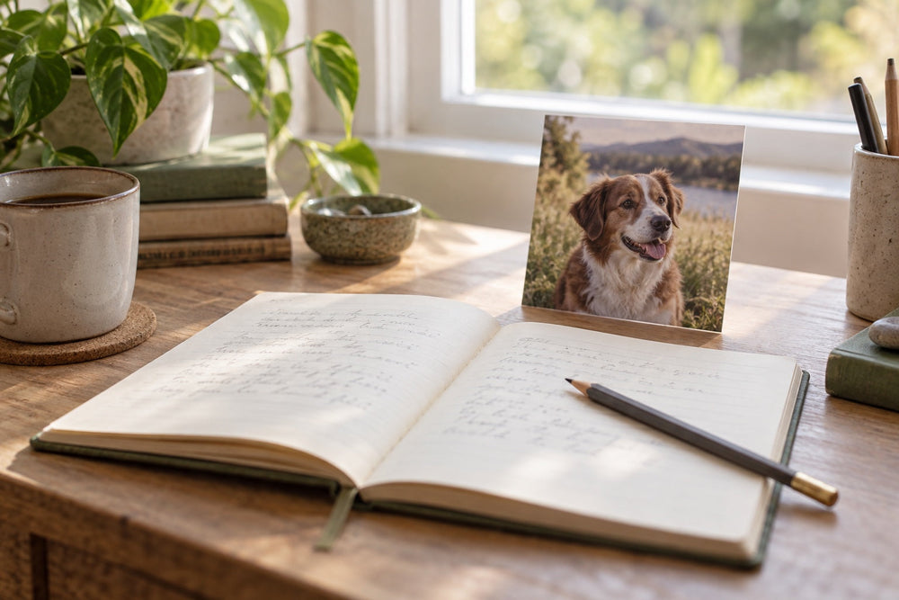 An open notebook and pencil beside a small photograph of a brown-and-white dog