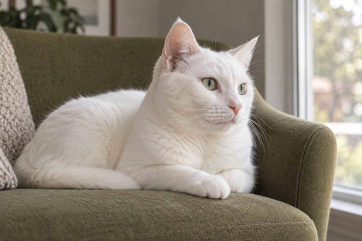 A white cat resting on an olive chair beside a window