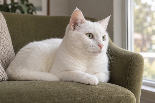 A white cat resting on an olive chair beside a window