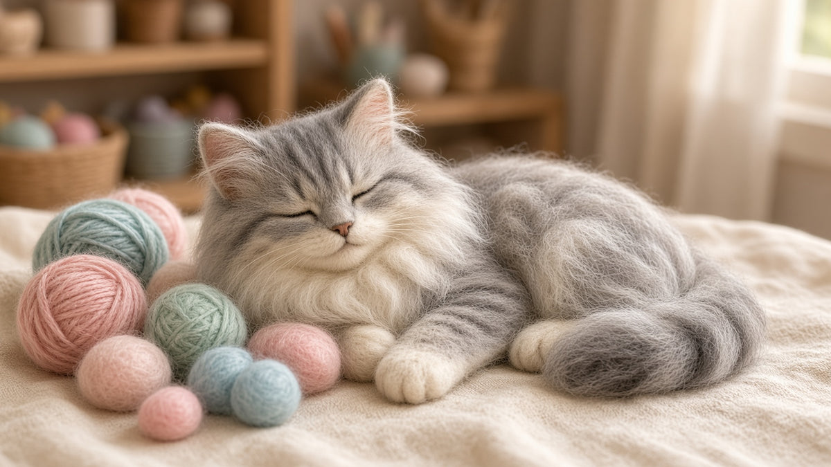 Needle-felted silver cat on linen with yarn for care guide