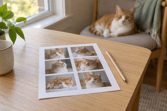 A printed grid of cat photographs on a desk beside a resting ginger-and-white cat.