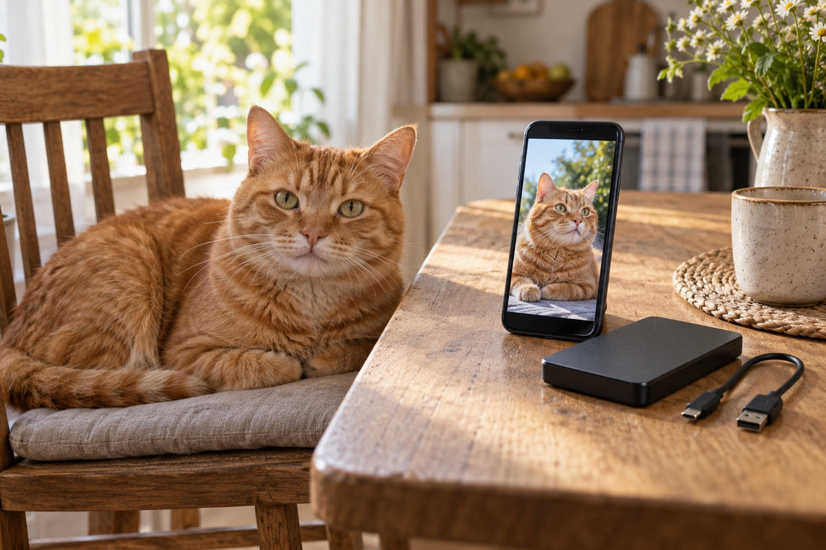 Ginger cat resting beside a phone displaying its photograph and a small external drive on a wooden table.