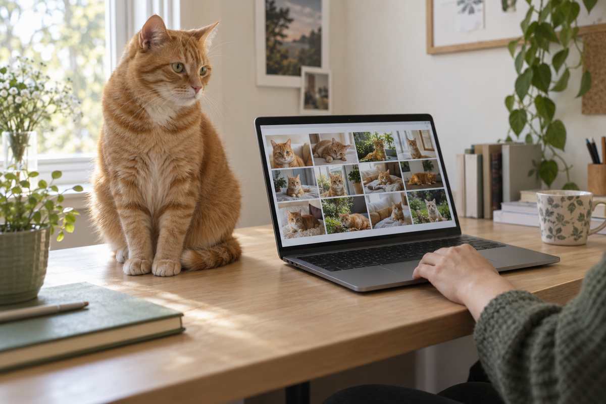 Orange tabby beside a laptop displaying a grid of cat photographs