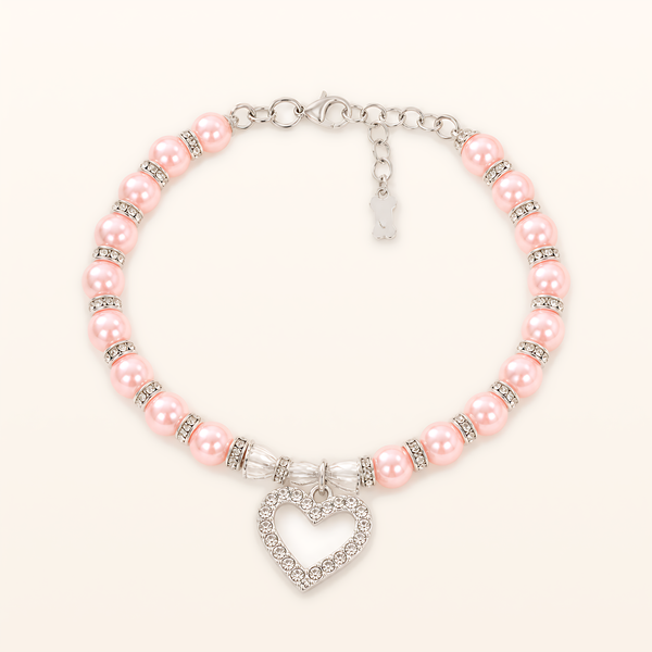 Pink Aurora Heart beaded pet necklace with bow, overhead product view
