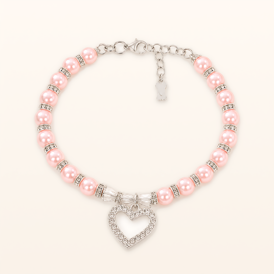 Pink Aurora Heart beaded pet necklace with bow, overhead product view