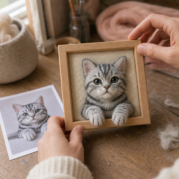 Handmade custom grey tabby cat needle-felt portrait in a wooden frame
