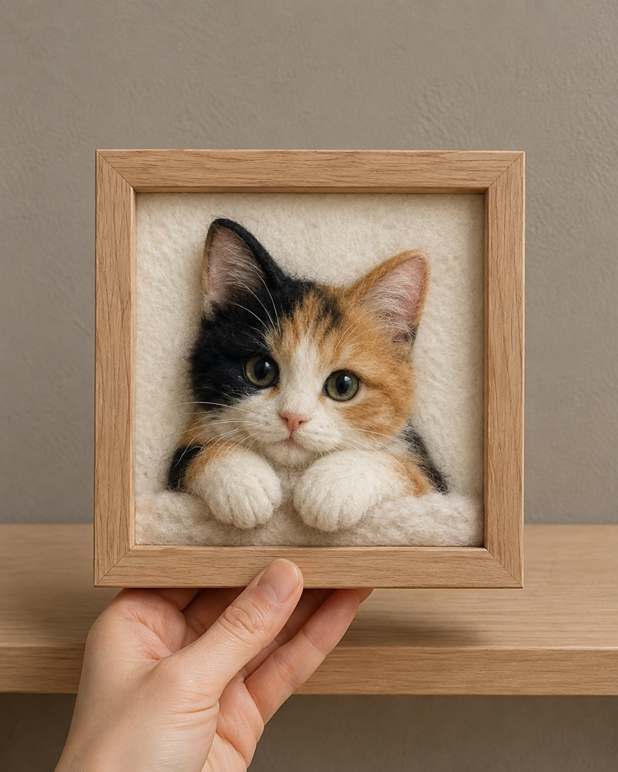 Style reference for a framed custom needle-felted small cat portrait