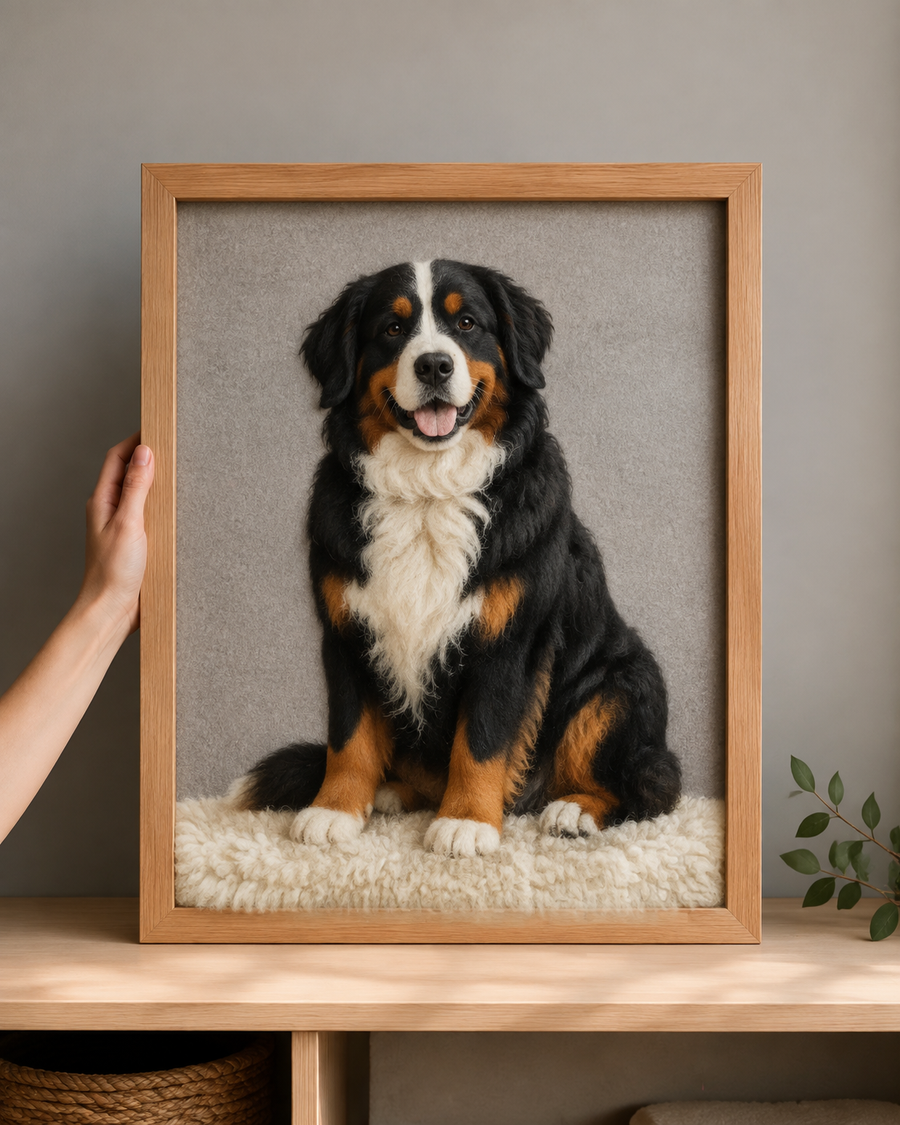 Large dog framed needle-felt portrait reference