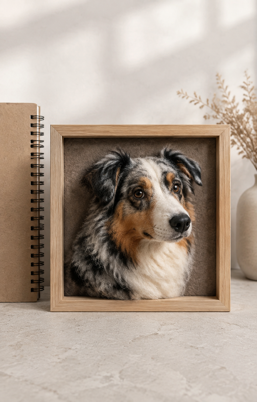 Medium dog framed needle-felt portrait, reference view 1