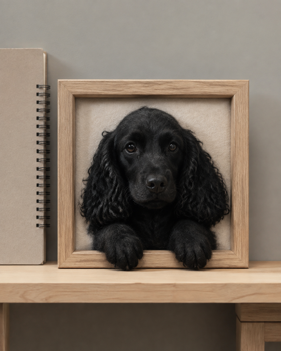 Medium dog framed needle-felt portrait, reference view 2