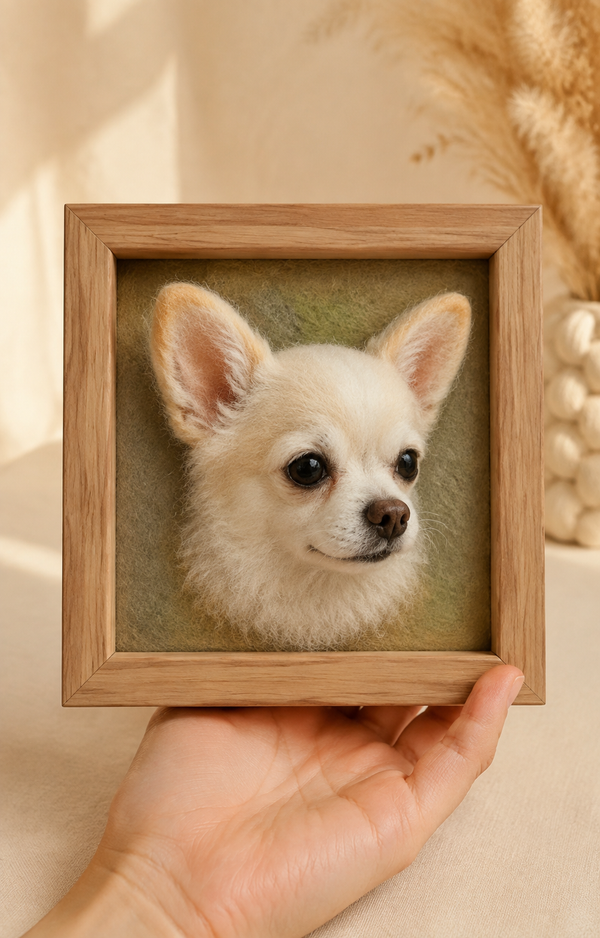 Small dog framed needle-felt portrait reference