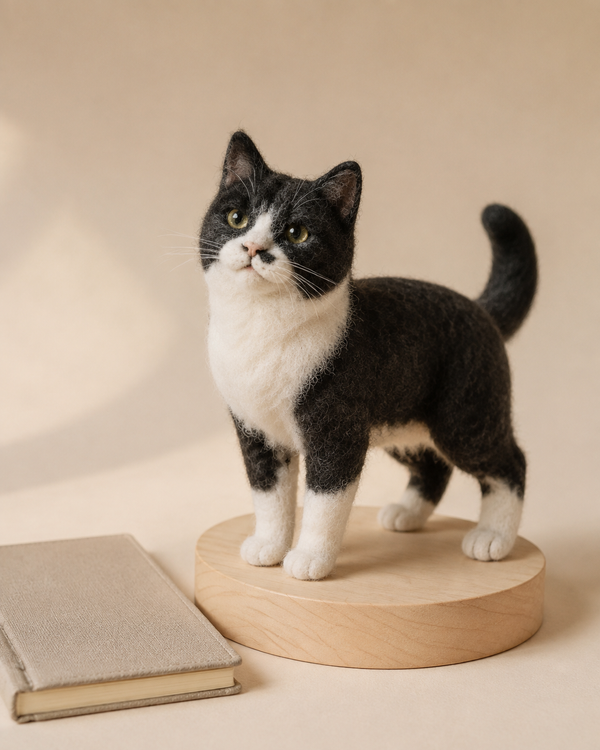 Medium cat full-body needle-felt portrait, reference view 1