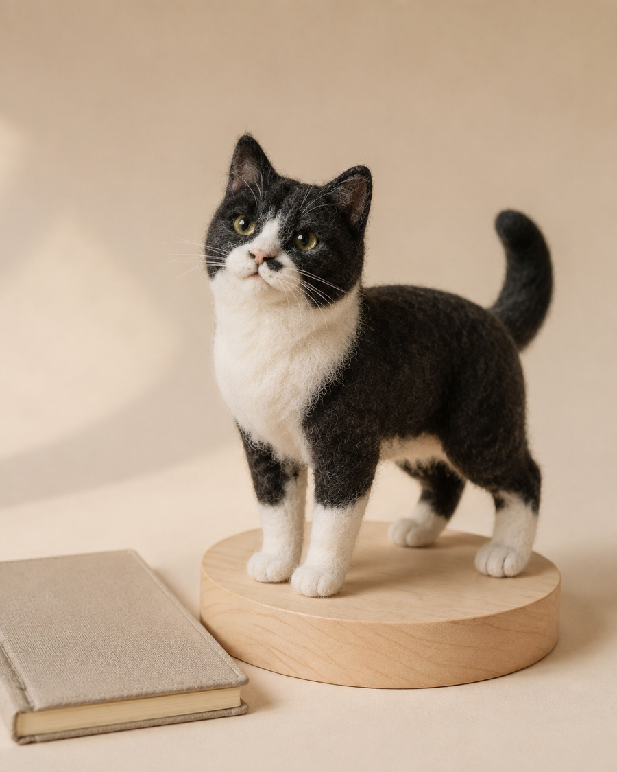 Medium cat full-body needle-felt portrait, reference view 1