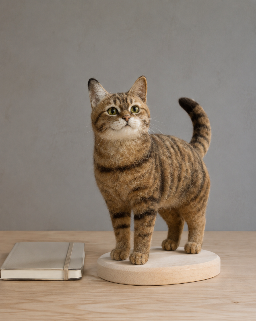 Medium cat full-body needle-felt portrait, reference view 2