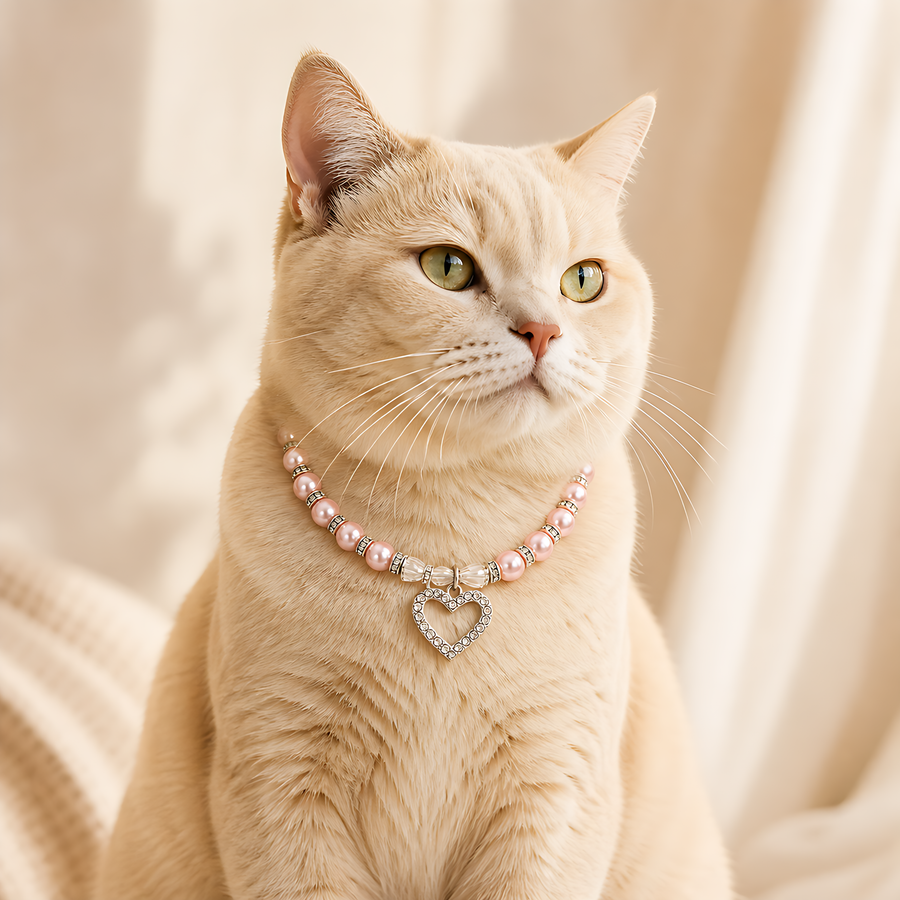 AI styling preview of a cream cat wearing the Aurora Heart Beaded Pet Necklace
