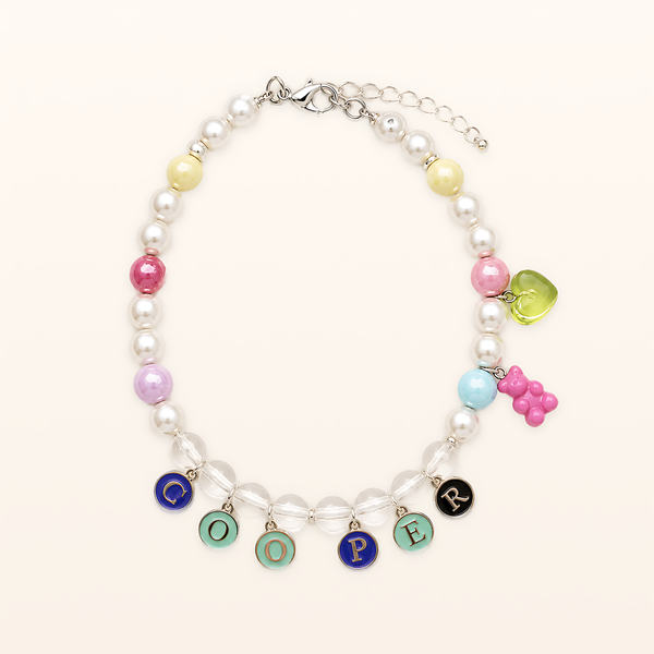Custom Pet Name Pearl Necklace, centred overhead product view
