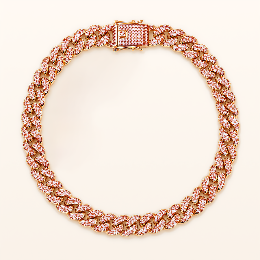 Rose gold Mini Iced 12mm Cuban pet necklace, overhead product view