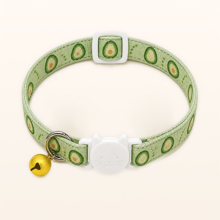 Avocado green Orchard Pop cat collar with charm, overhead product view