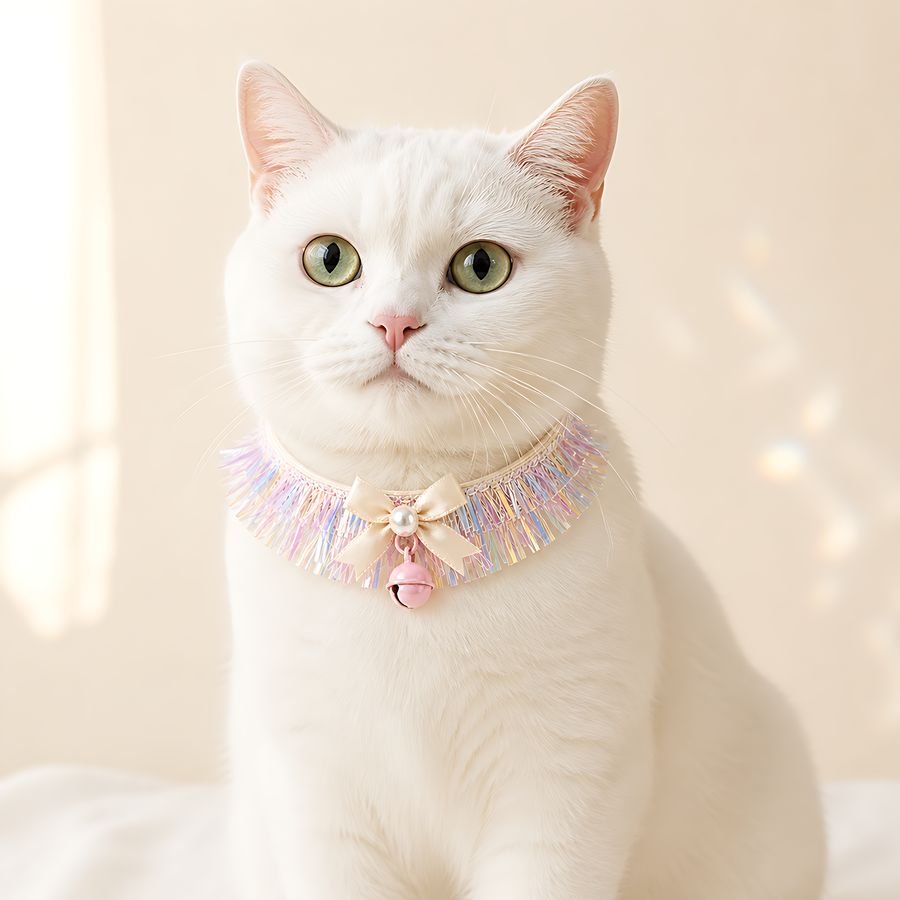 AI styling preview of a white cat wearing the Prism Fringe Pearl Bow Pet Necklace