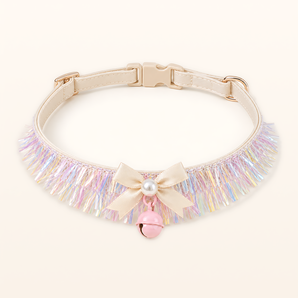 Iridescent Prism Fringe pearl bow pet necklace, overhead product view