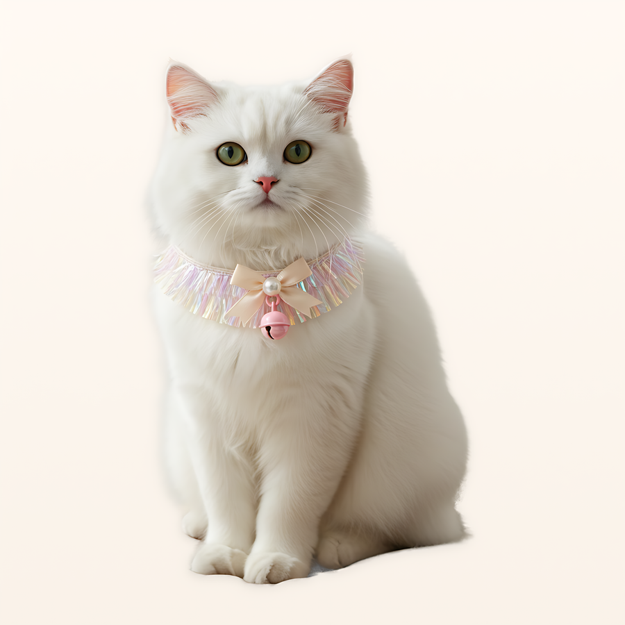 Prism Fringe Pearl Bow Pet Necklace product image on a warm ivory background