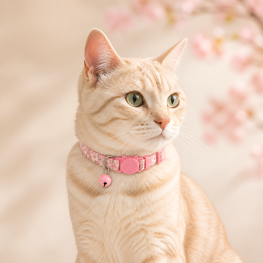AI styling preview of a cream tabby cat wearing the Sakura Bloom Floral Breakaway Cat Collar