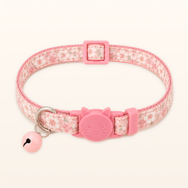Pink Sakura Bloom floral cat collar with flower charm, overhead product view