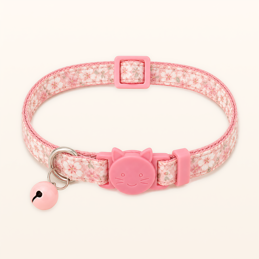 Pink Sakura Bloom floral cat collar with flower charm, overhead product view