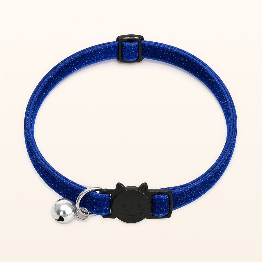 Royal blue Stardust velvet cat collar with bell, overhead product view