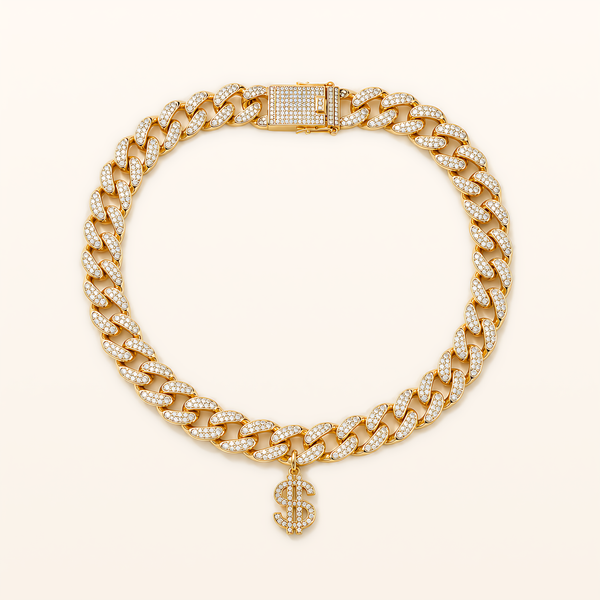 Gold Tiny Boss Cuban pet necklace with dollar charm, overhead product view