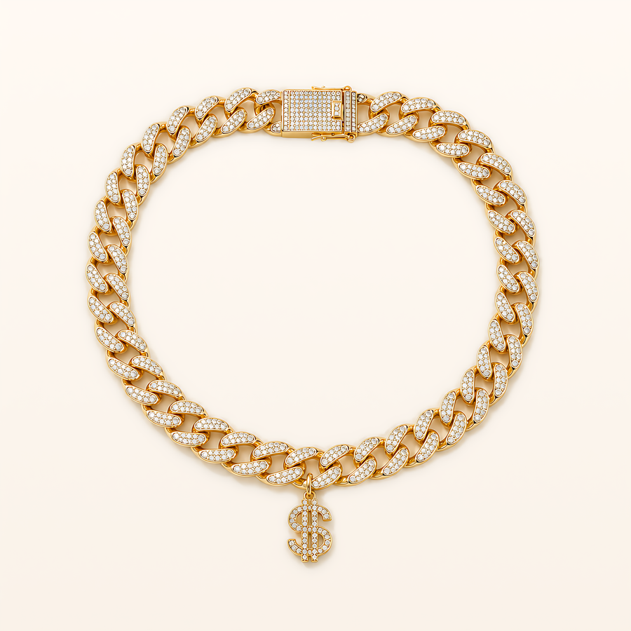 Gold Tiny Boss Cuban pet necklace with dollar charm, overhead product view